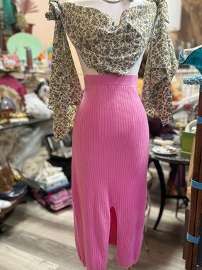 Free People Hot Pink Ribbed Midi Skirt with Front Slit